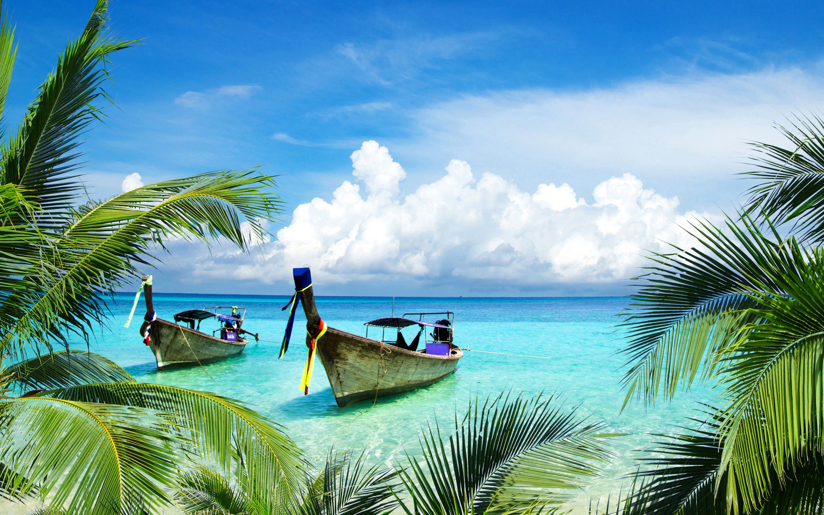 Wallpaper Tropical Beach, Boats, Island, Coconut trees, 4K, Nature