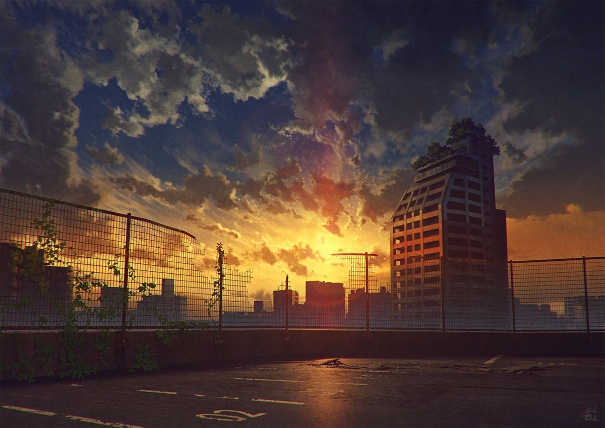 building city clouds dark mocha (cotton) original rooftop ruins signed sky sunset. konachan.com.com Anime Wallpaper