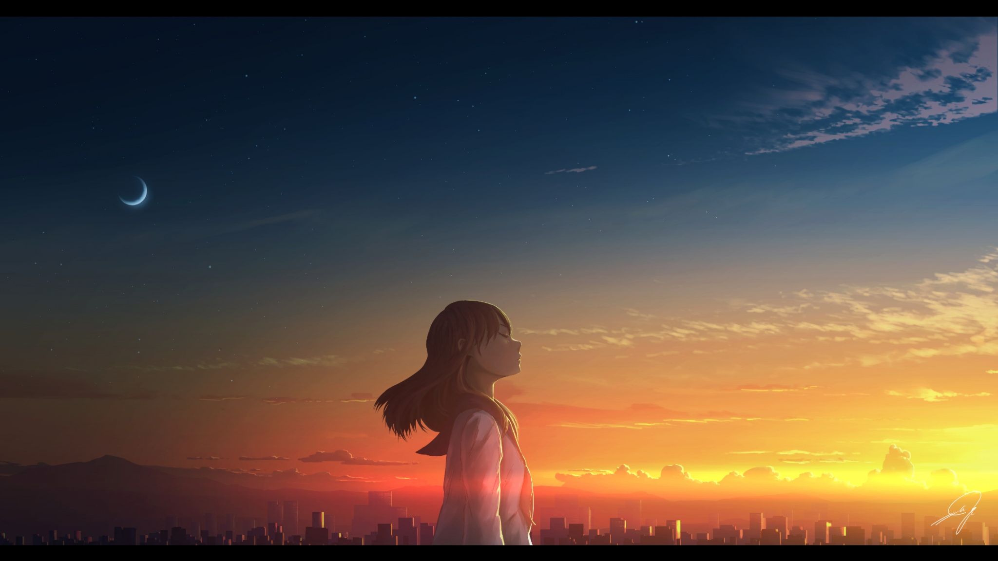 Download Girl, relaxed in sunset, outdoor, anime wallpaper