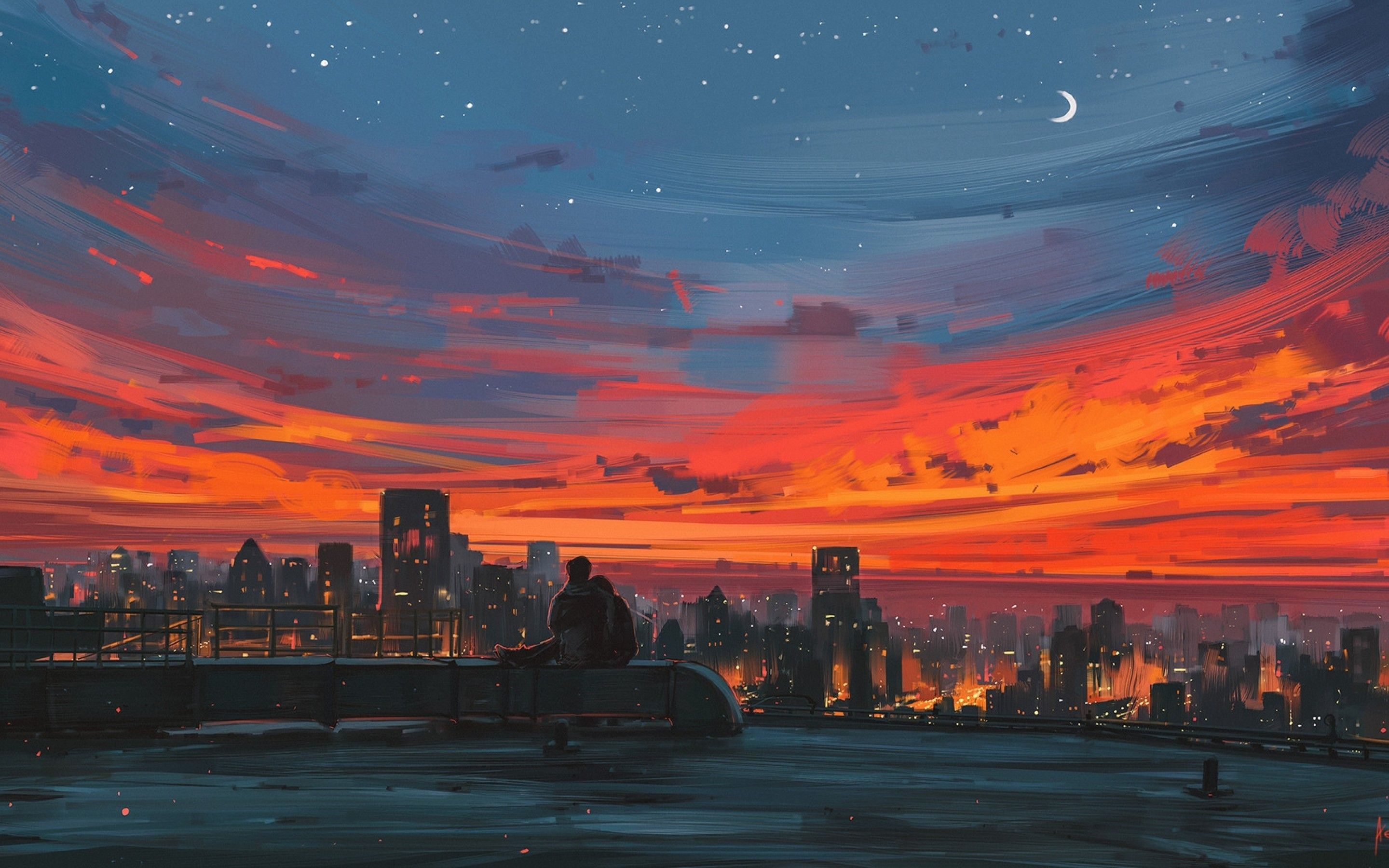 Download 2880x1800 Anime Couple, Sunset, Cityscape, Scenic, Mood