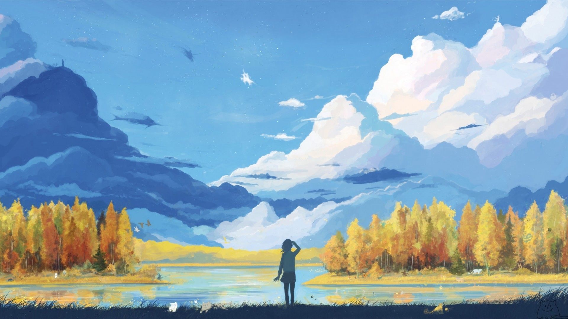 Download 1920x1080 Anime Landscape, Girl, Mountain, Relaxing
