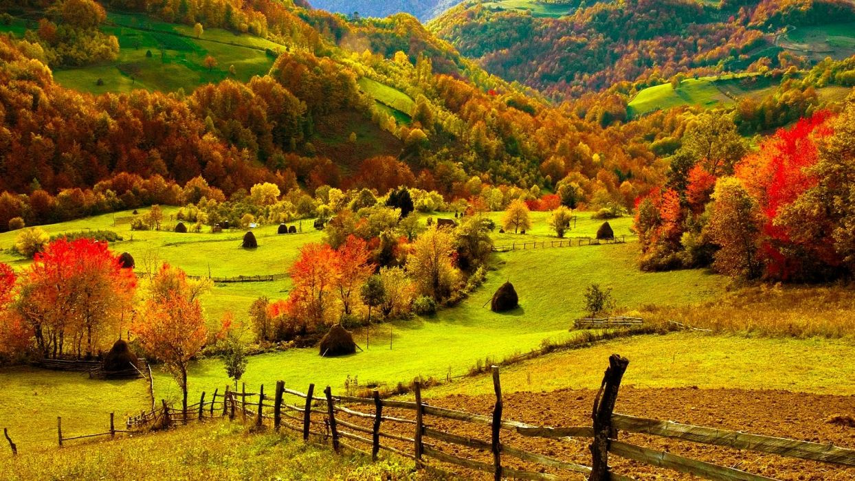 Nature landscapes fields hills fence grass farm trees forests autumn fall seasons leaves color scenic view bright wallpaperx1080
