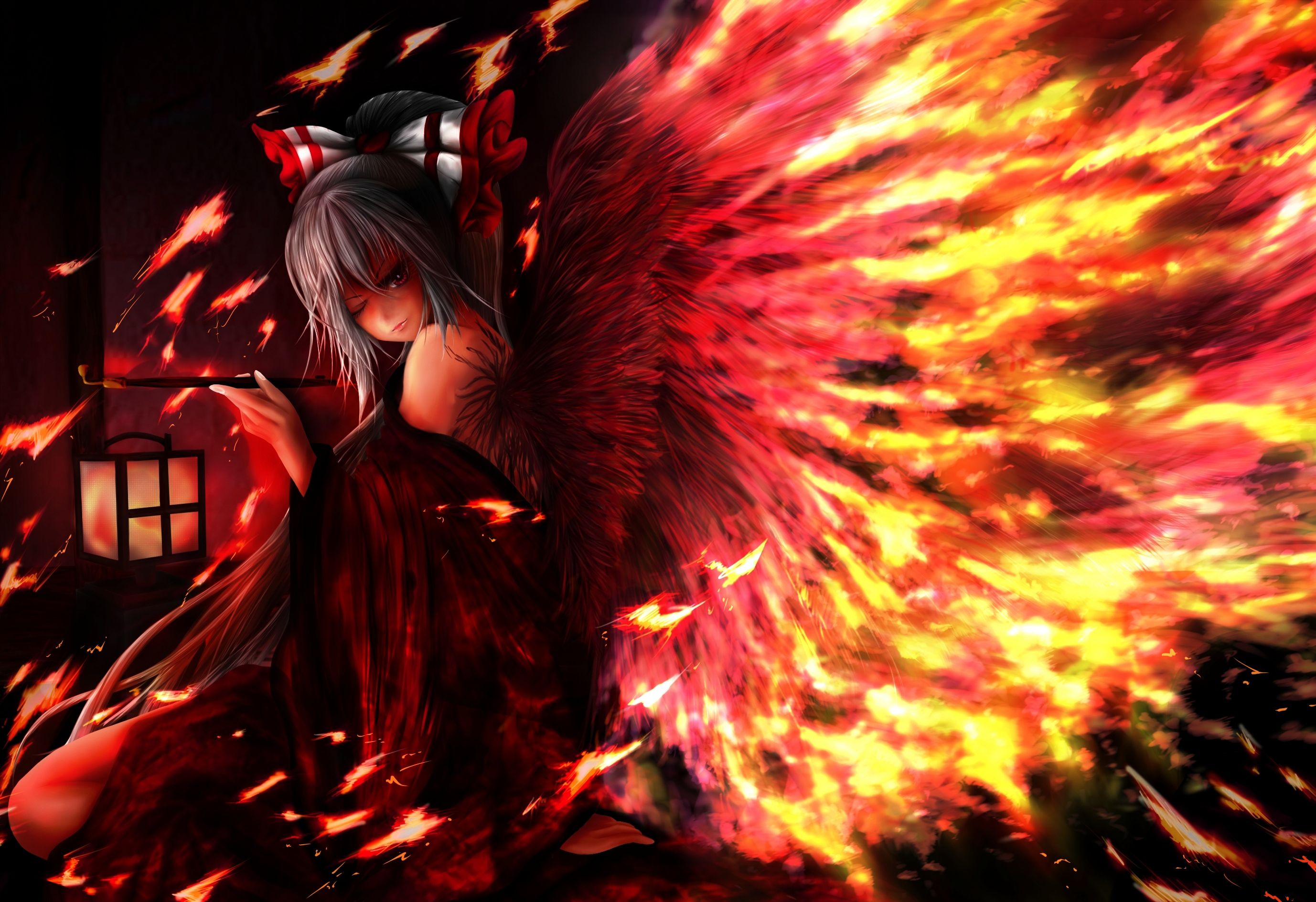 Touhou fantasy vector art angels fire wings girl gothic dark