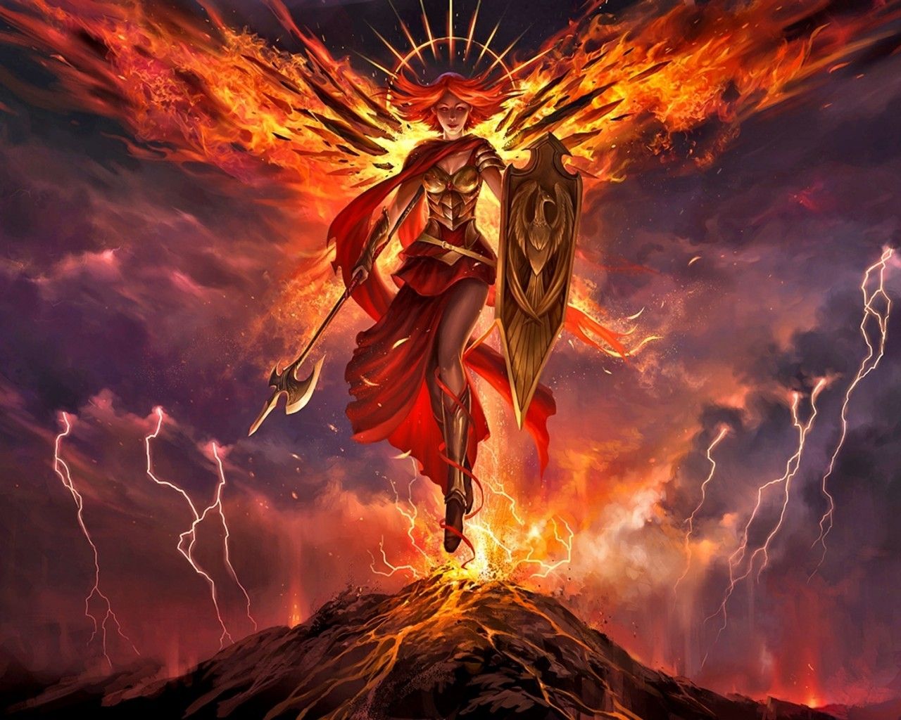 Download 1280x1024 Fantasy Women, Angel, Fire, Wings, Shield, Lightnings, Lava, Weapon Wallpaper