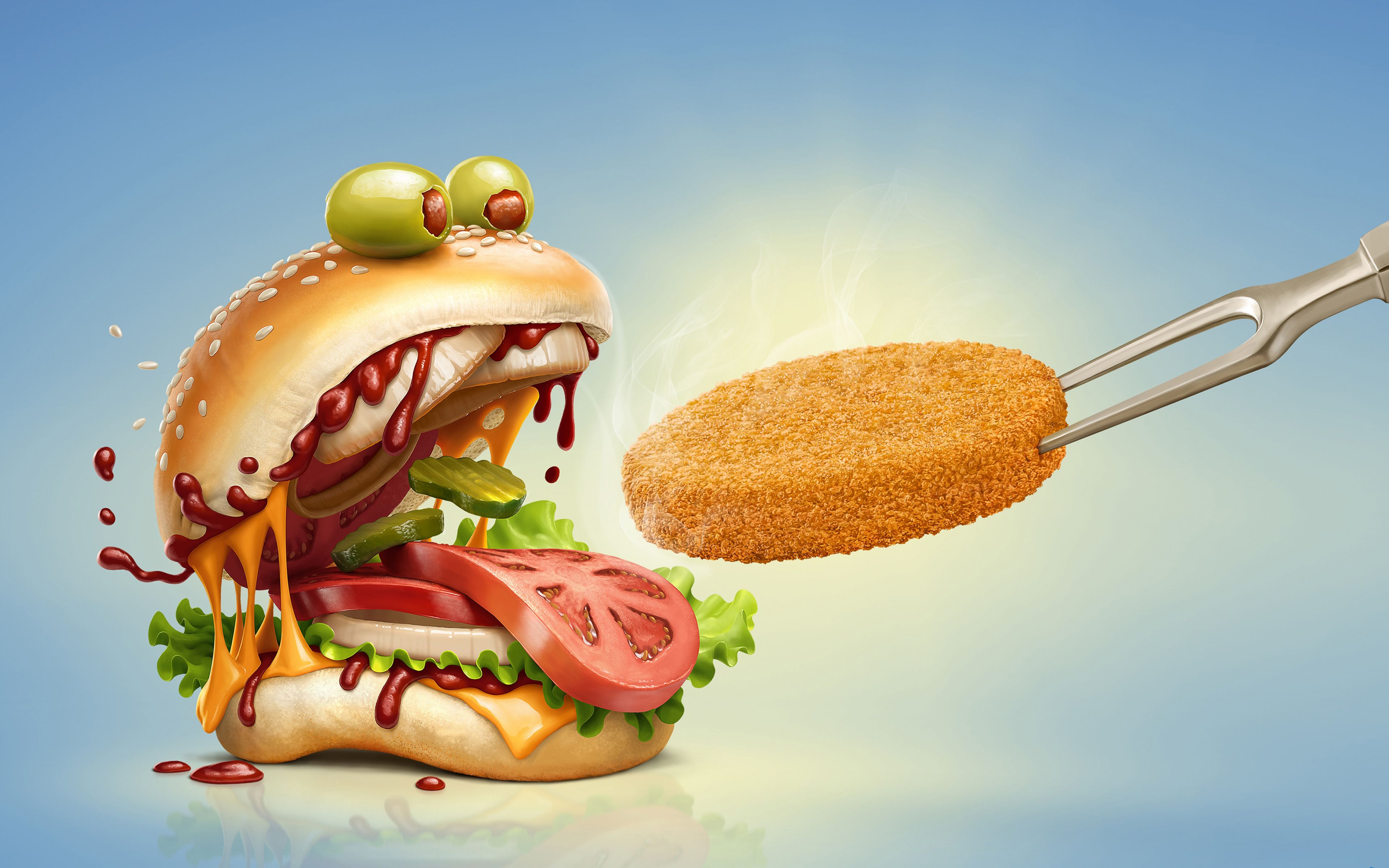 Download wallpaper hamburger, 4k, fastfood, art, creative, cutlet
