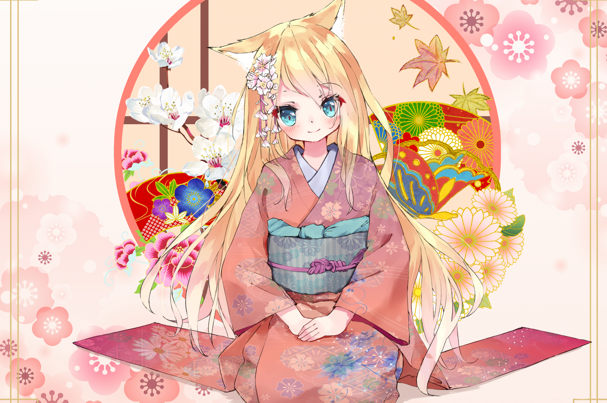 Download 2560x1700 Anime Cat Girl, Nekomimi, Blonde, Kimono, Cute