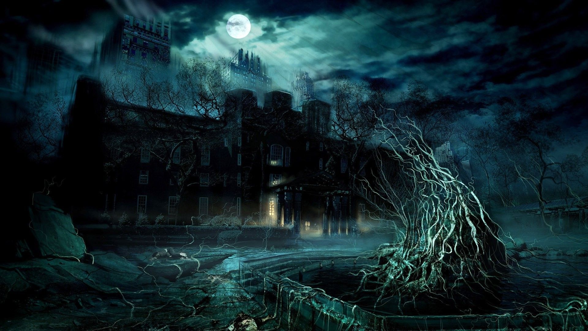 Dark mansion under the full moon digital art HD wallpaper x