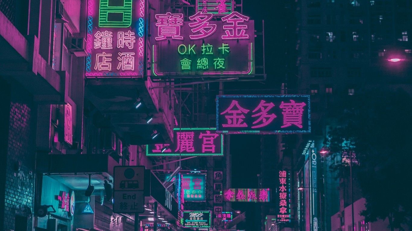Download 1366x768 Hong Kong, Urban, Night, Shop Signs, Neon Lights