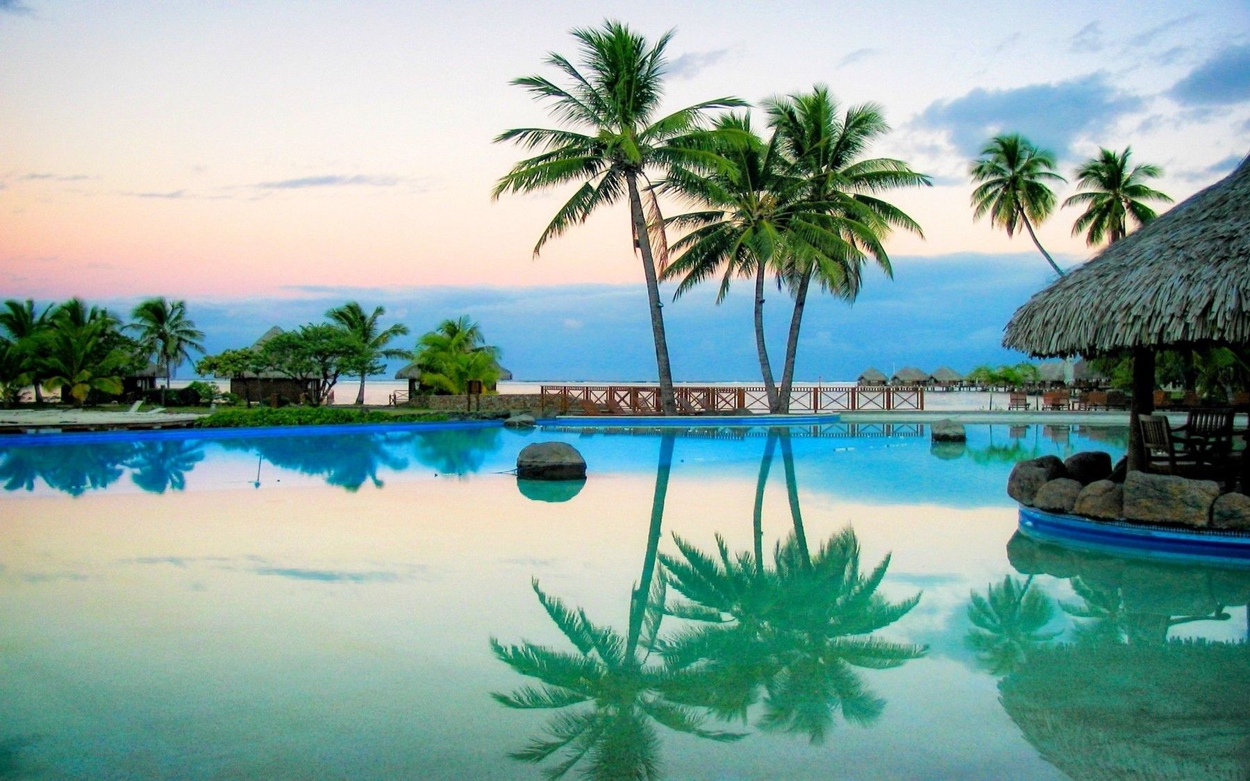 nature, Landscape, Swimming Pool, Reflection, Sunrise, Palm Trees