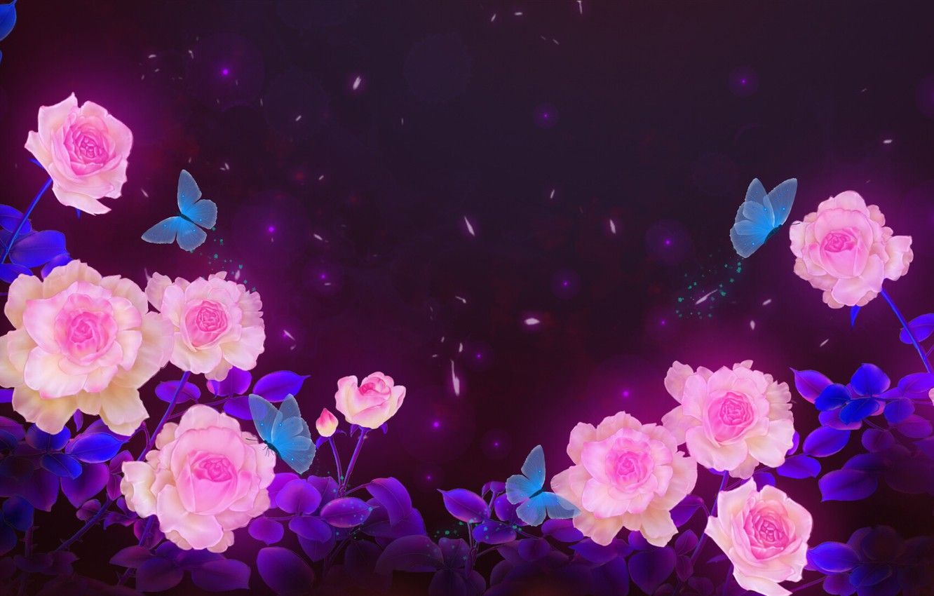 Wallpaper Flowers, Rose, Butterfly, Light, Butterfly, Plants, Roses, Art, Flowers, Roses, by Su Jun, Su Jun image for desktop, section рендеринг