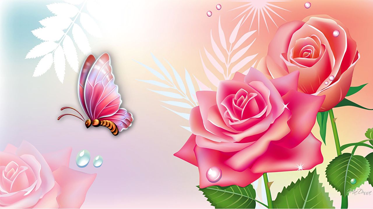 Image Insects Butterflies Roses flower animal Painting Art