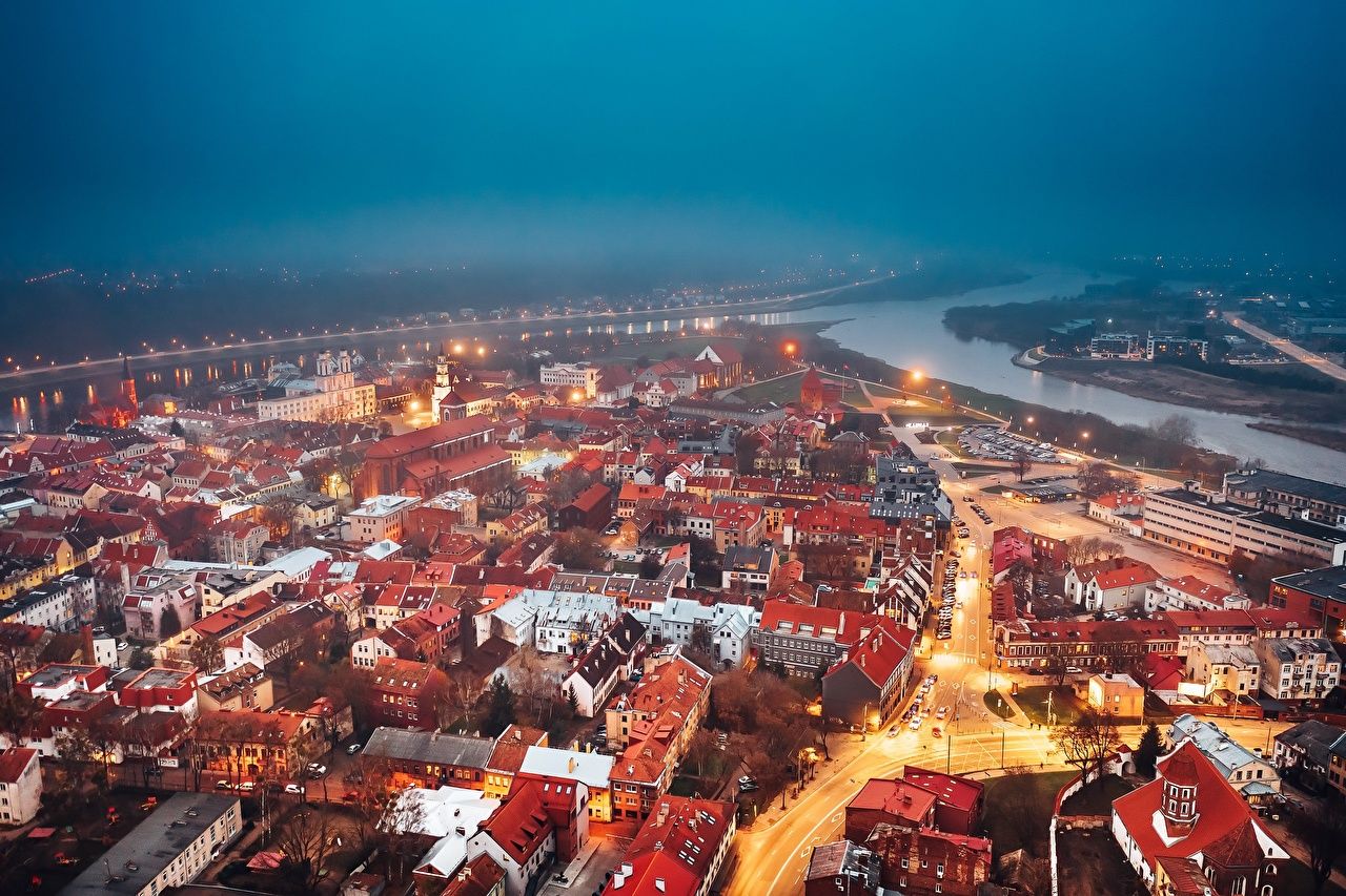 Desktop Wallpaper Cities Lithuania Kaunas Evening Houses From above