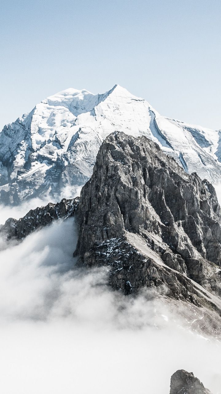 Snow mountains, peak, clouds, Switzerland, 720x1280 wallpaper