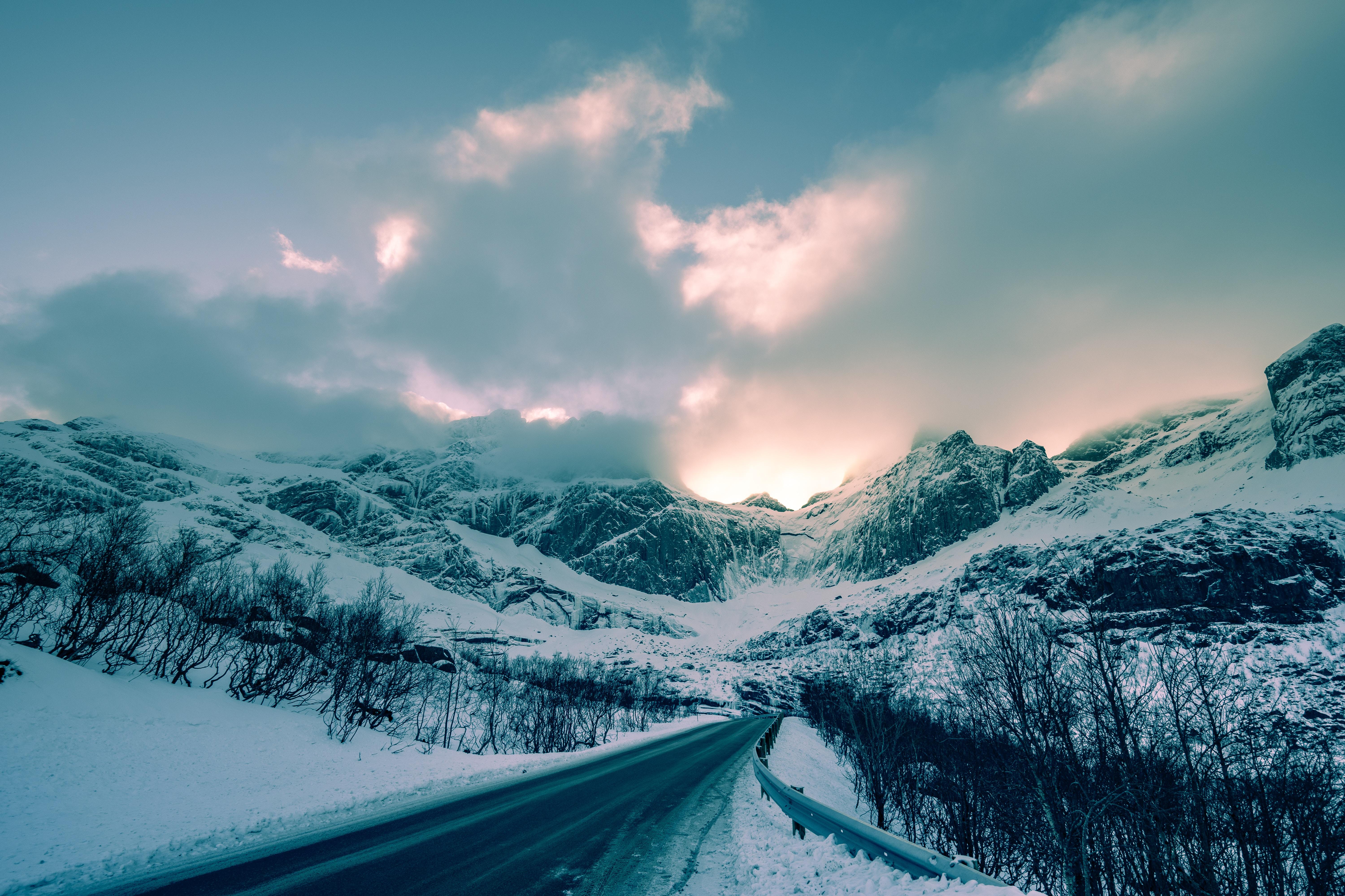 wallpaper mountains, winter, road, snow, clouds, norway HD