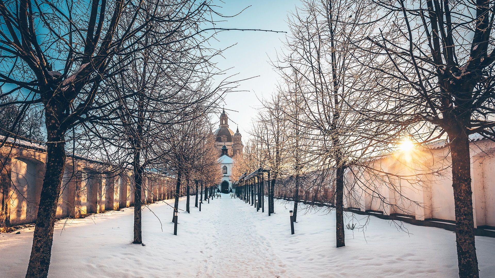 Wallpaper Pazaislis Monastery, Kaunas, Lithuania, trees, snow