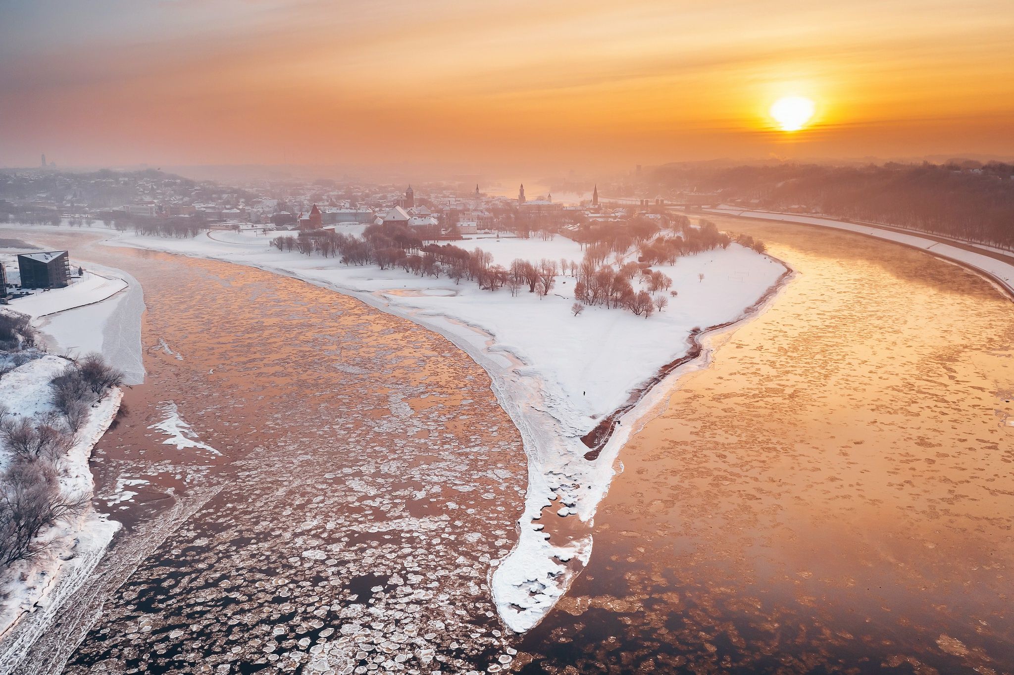 Kaunas River City Winter Snow Sunlight, HD Nature, 4k Wallpaper