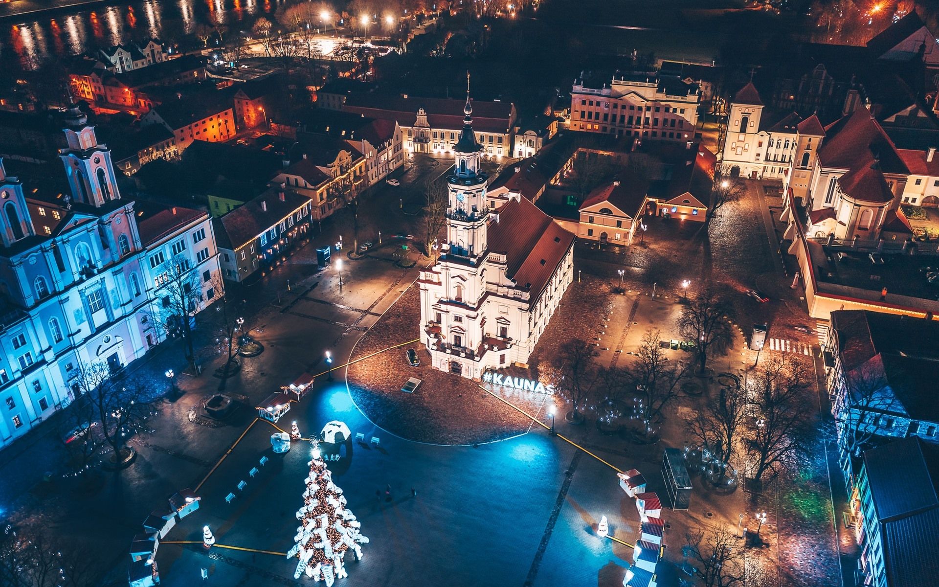 Wallpaper Lithuania, Kaunas, city night, lights, top view