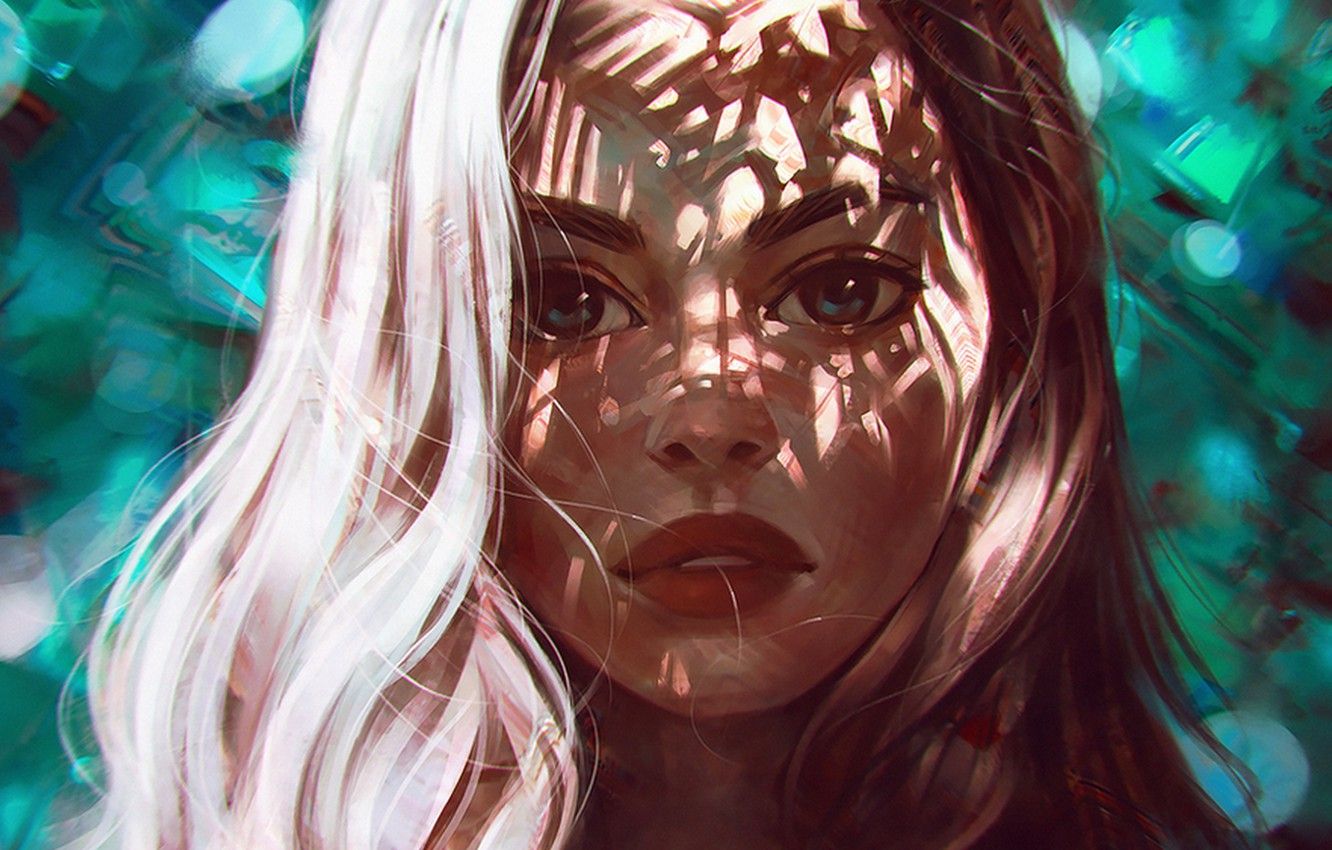 Wallpaper face, brown hair, portrait of a girl, light and shadow, by Angel Ganev image for desktop, section арт