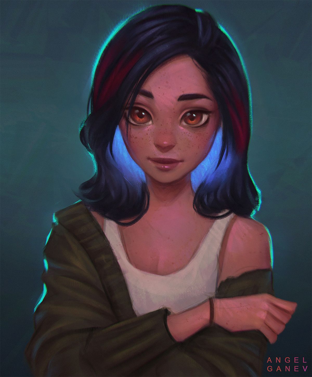 women, Blue hair, Angel Ganev, Neon, Drawing Wallpaper HD / Desktop and Mobile Background
