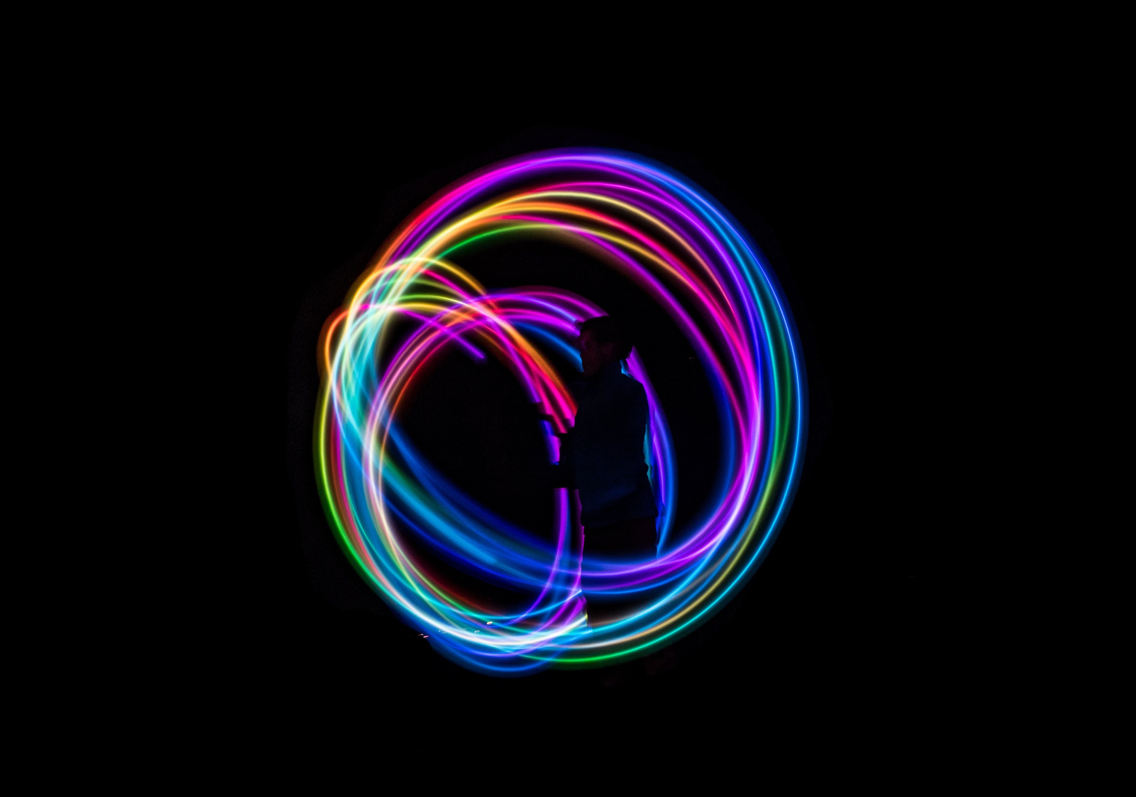 3748x2632 #led, #light trail, #illuminated, #oled, #Free picture, #light, #silhouette, #long exposure, #glowing, #black, #neon, #dark, #apple, #rainbow, #glow, #night, #mac, #colors, #color, #draw, #person. Mocah HD Wallpaper