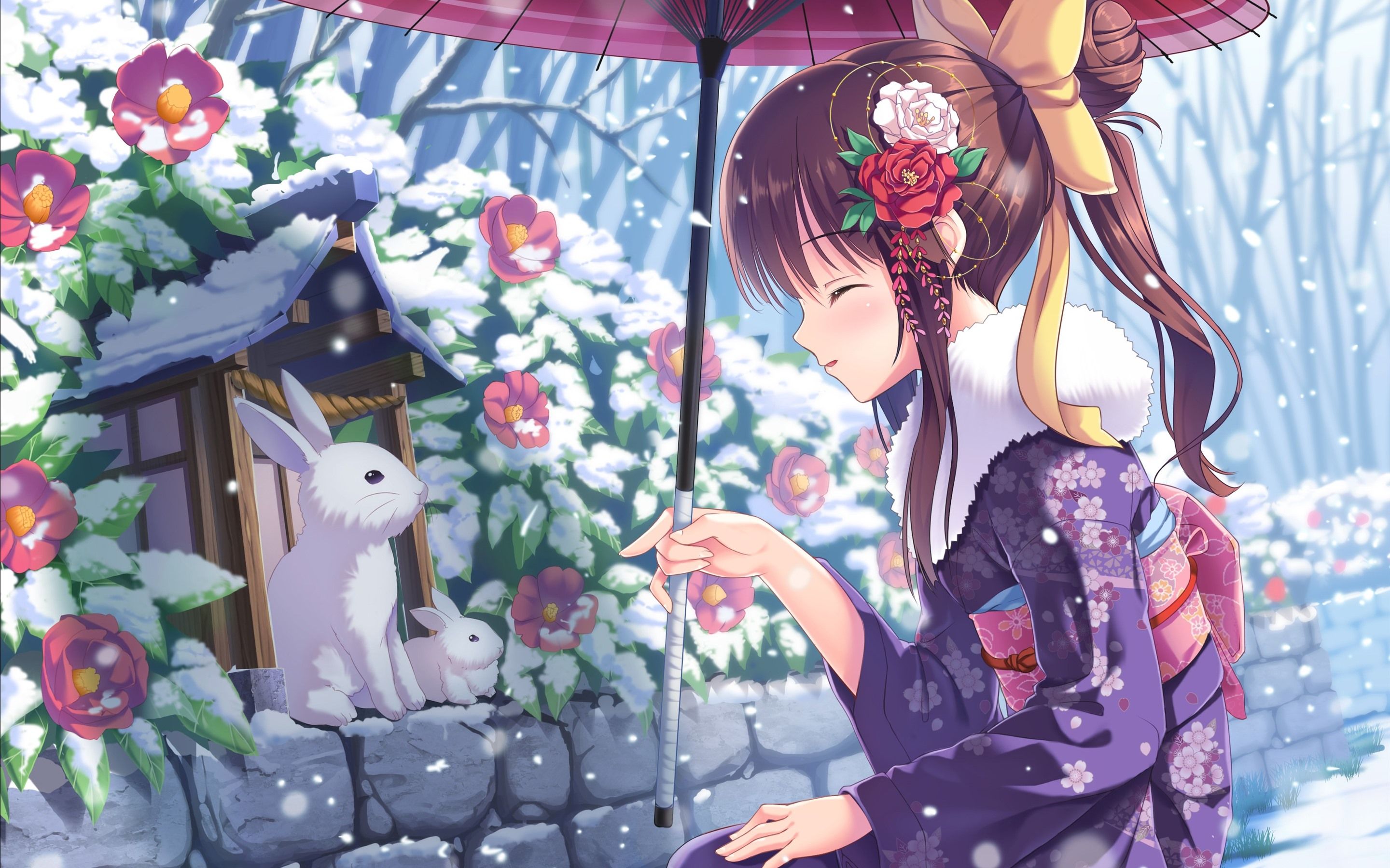 Wallpaper Anime girl and rabbit, winter, snow, umbrella 2880x1800 HD Picture, Image
