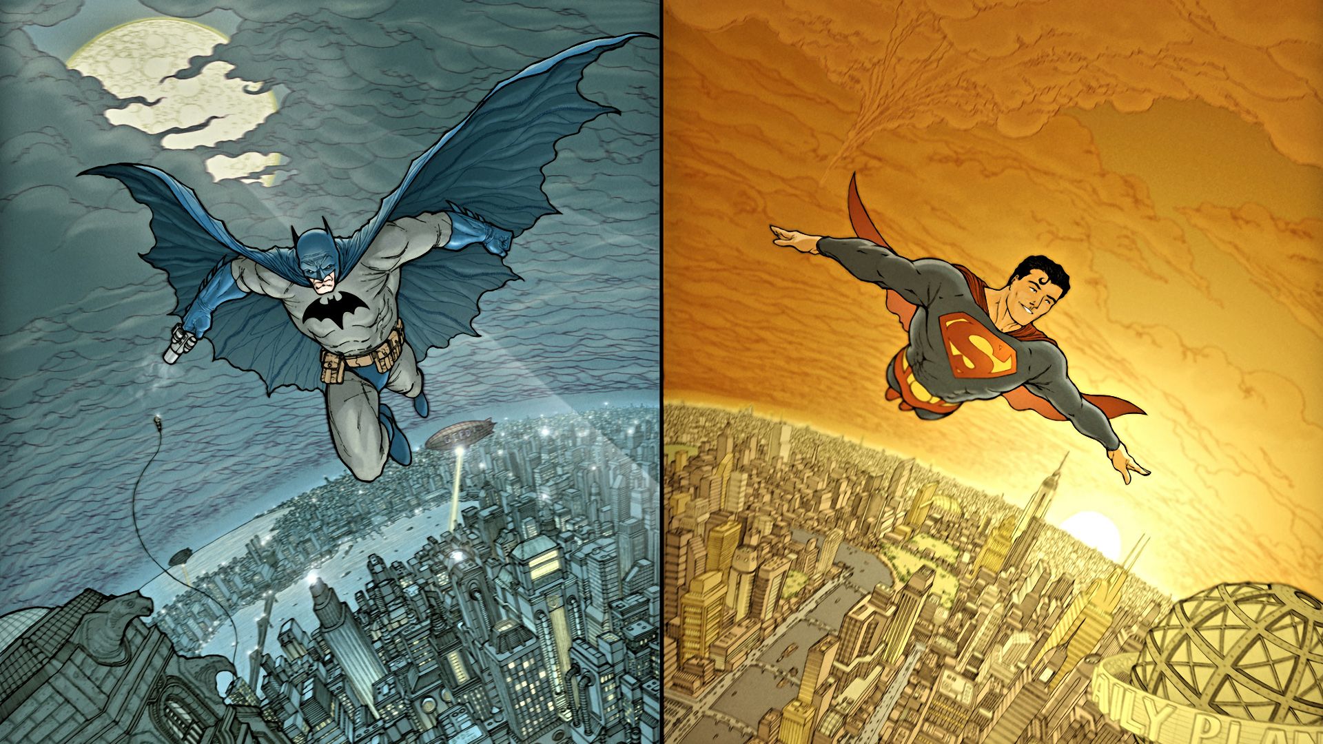 Batman Superman cities flight superhero wallpaperx1080