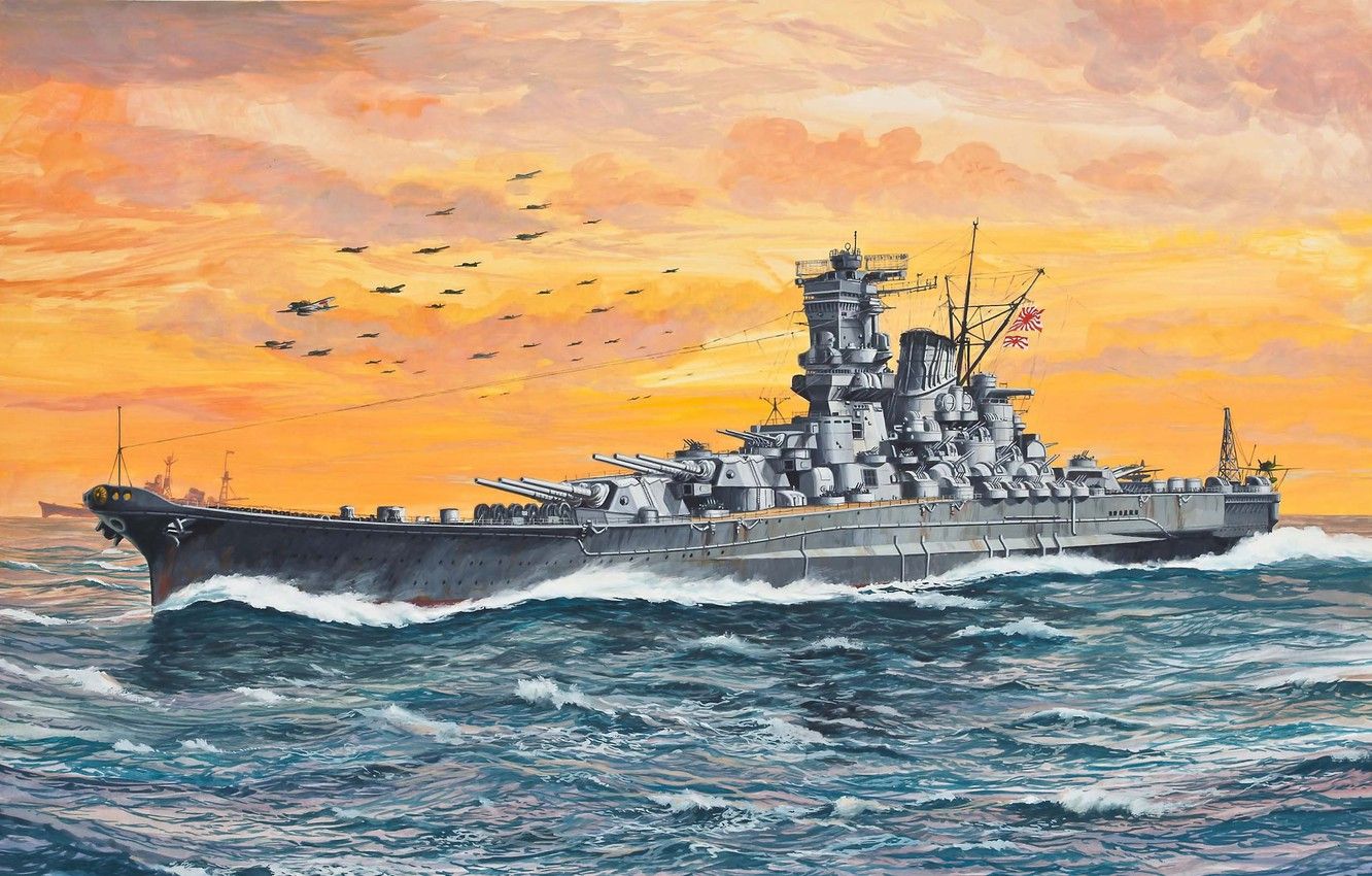 Wallpaper ship, Navy, battleship, WW art., linear, Japanese