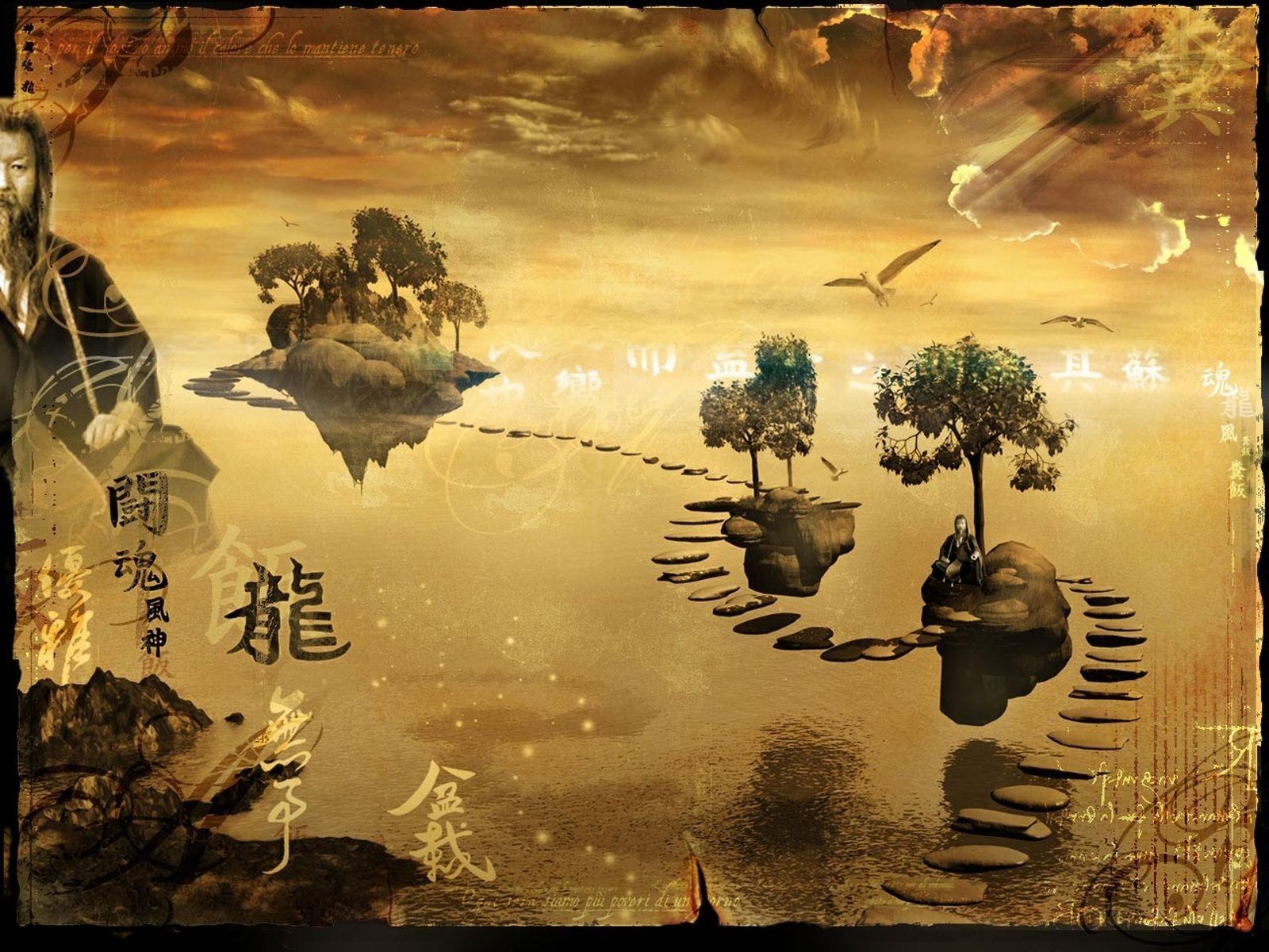 trees birds rocks chinese floating island levitation 1600x1200