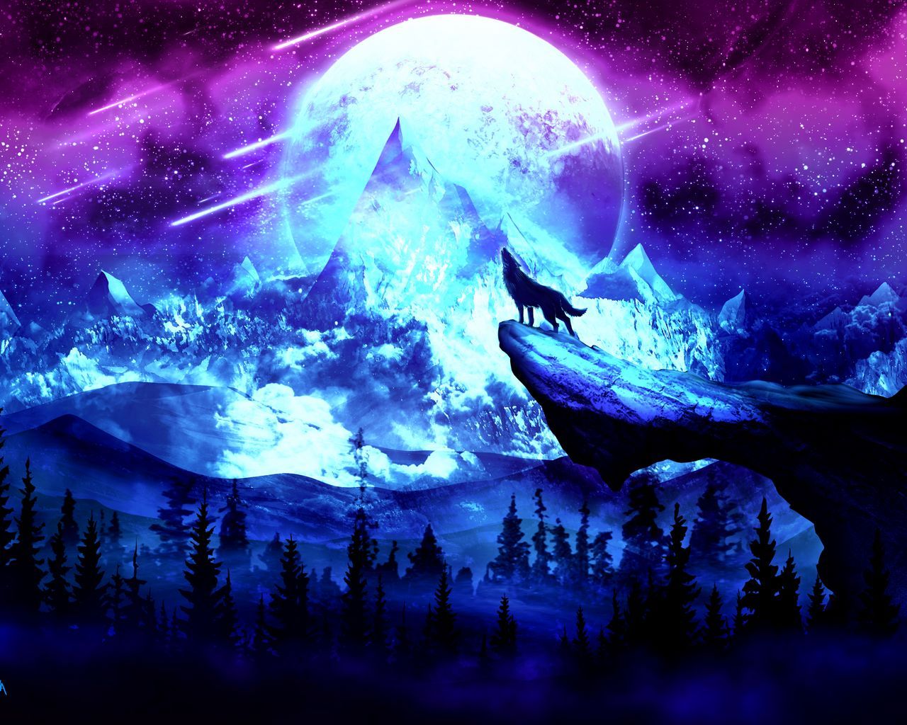 Download wallpaper 1280x1024 wolf, moon, night, mountains, art