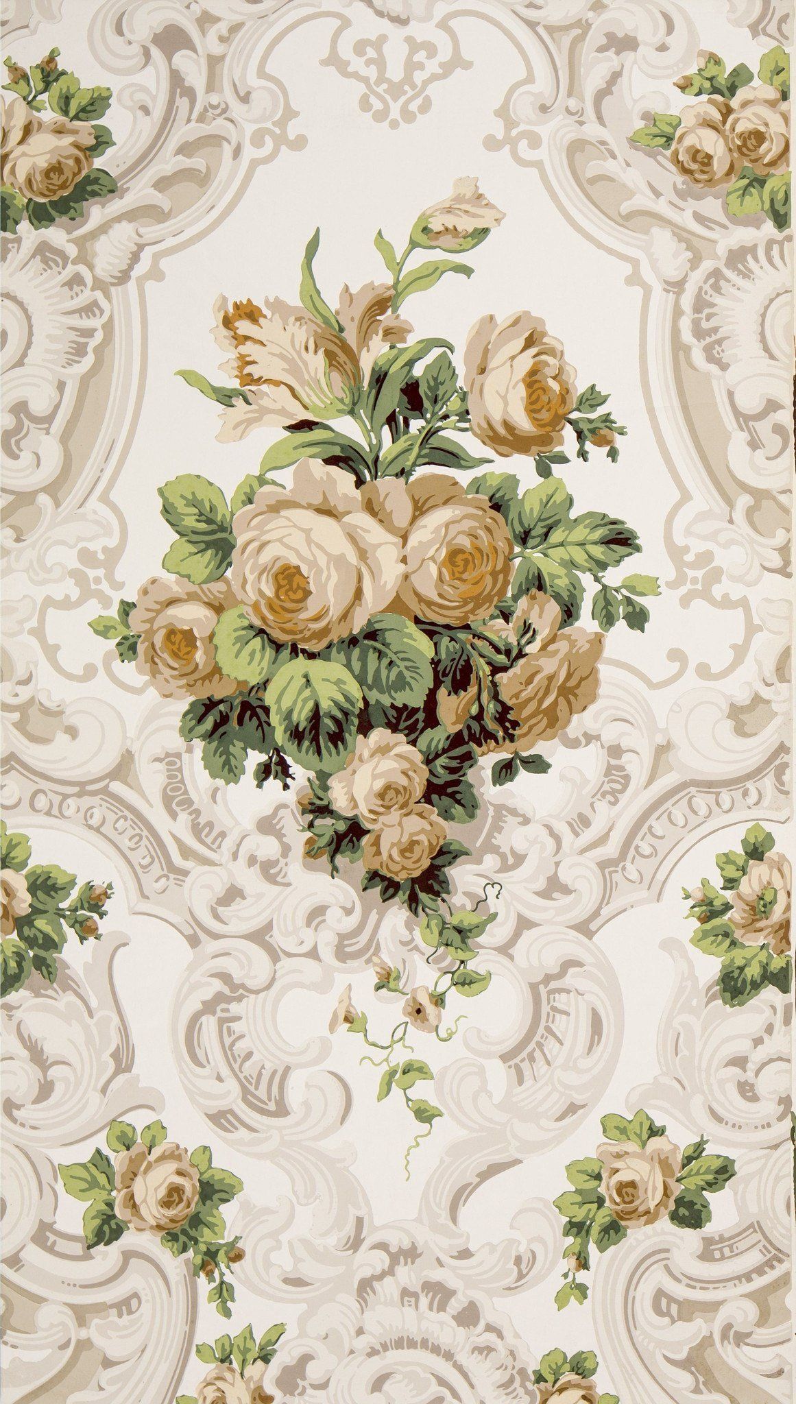Large Rose Bouquets in Rococo Scrolls Wallpaper Remnant