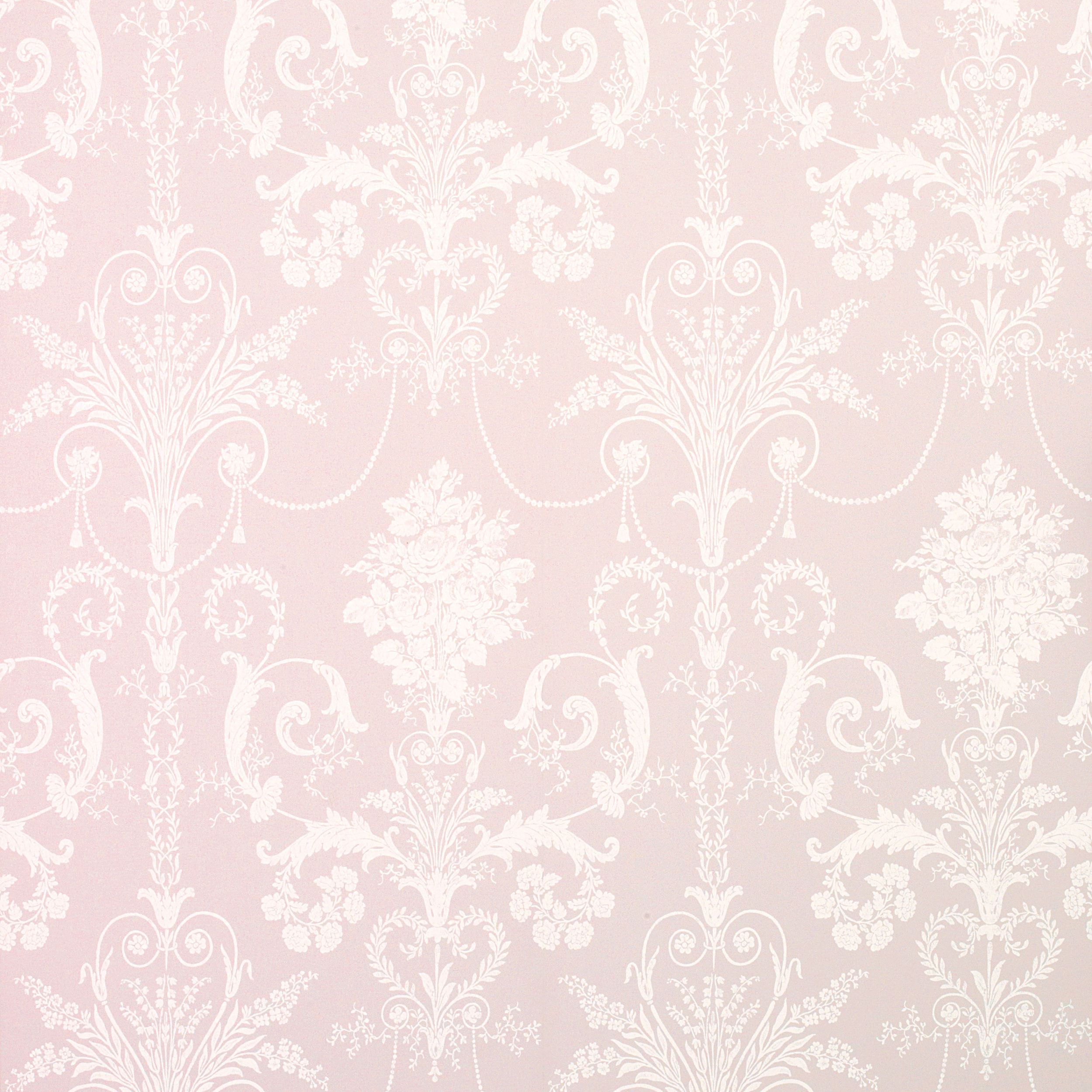 Josette wallpaper in amethyst pink with white Rococo damask