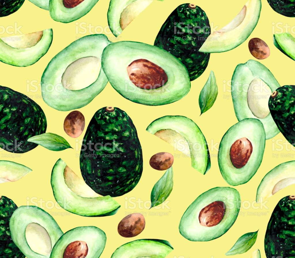 Seamless Pattern With Juicy Avocado Fruits Green Leaves And Seeds