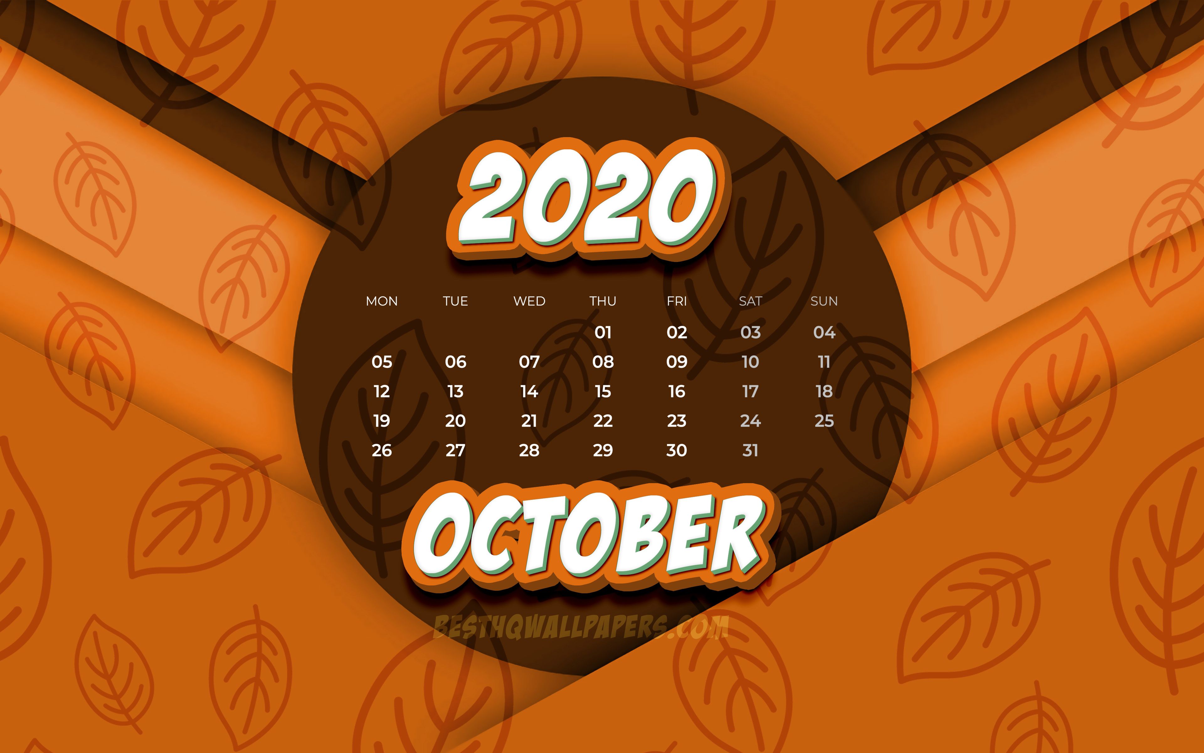 Download wallpapers October 2020 Calendar, 4k, comic 3D art, 2020