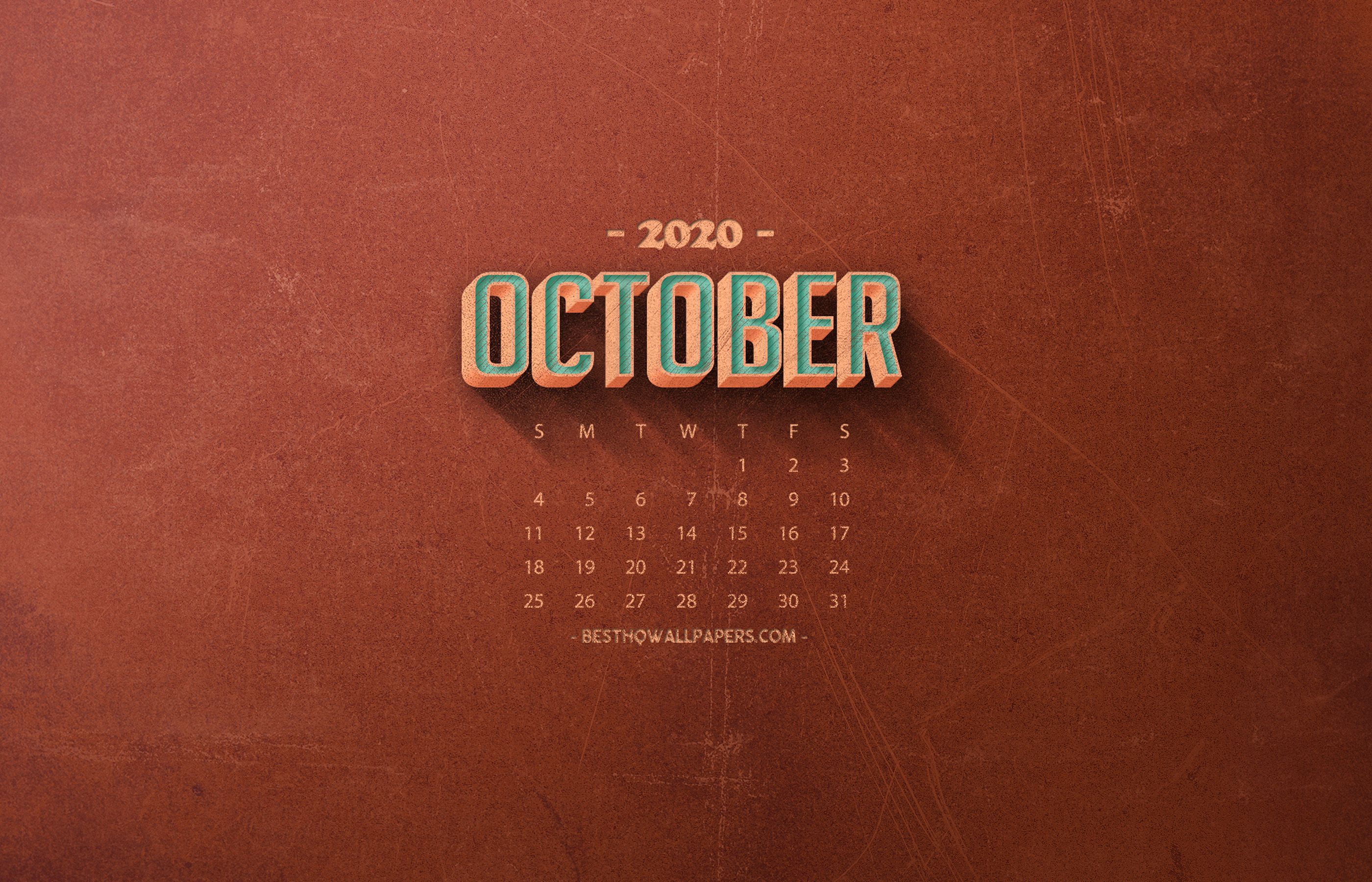 Download wallpapers 2020 October Calendar, orange retro backgrounds