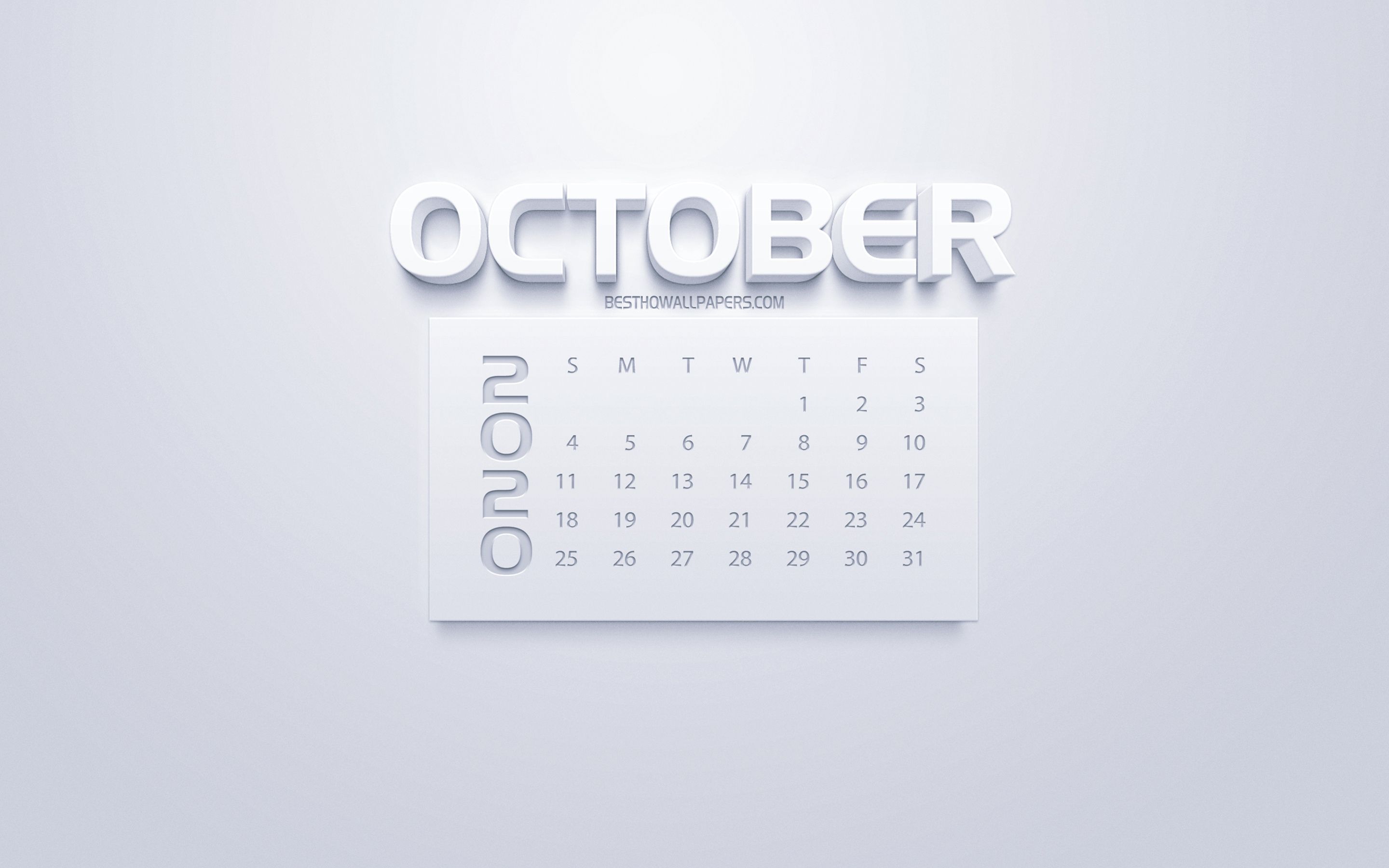 Download wallpapers 2020 October Calendar, 3d white art, white