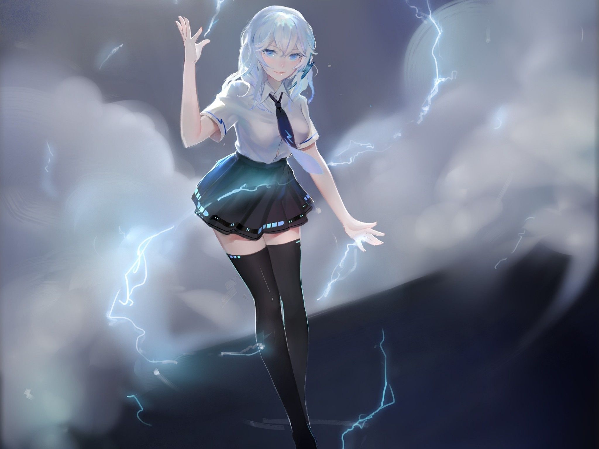 Download 2048x1536 Anime Girl, Magic, Lightning, Moon, Clouds, White Hair Wallpaper for Ainol Novo 9 Spark