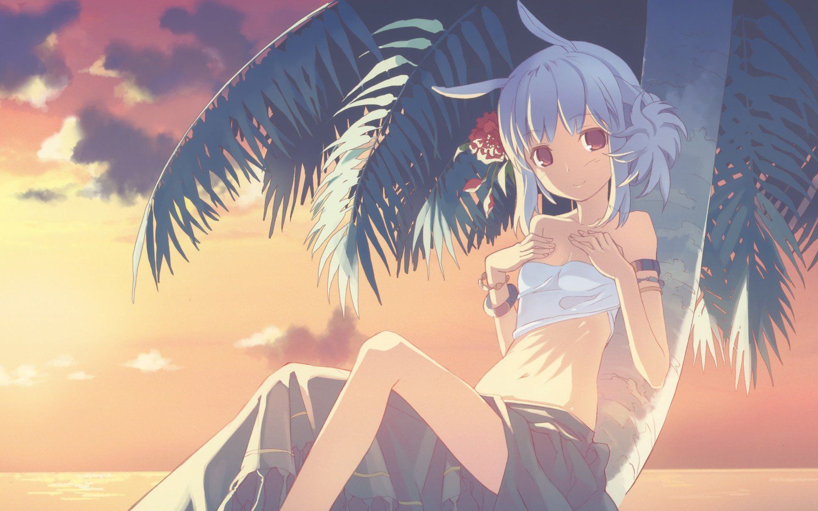 Palm trees anime girls H2SO4 (Illustrator) beaches wallpaper