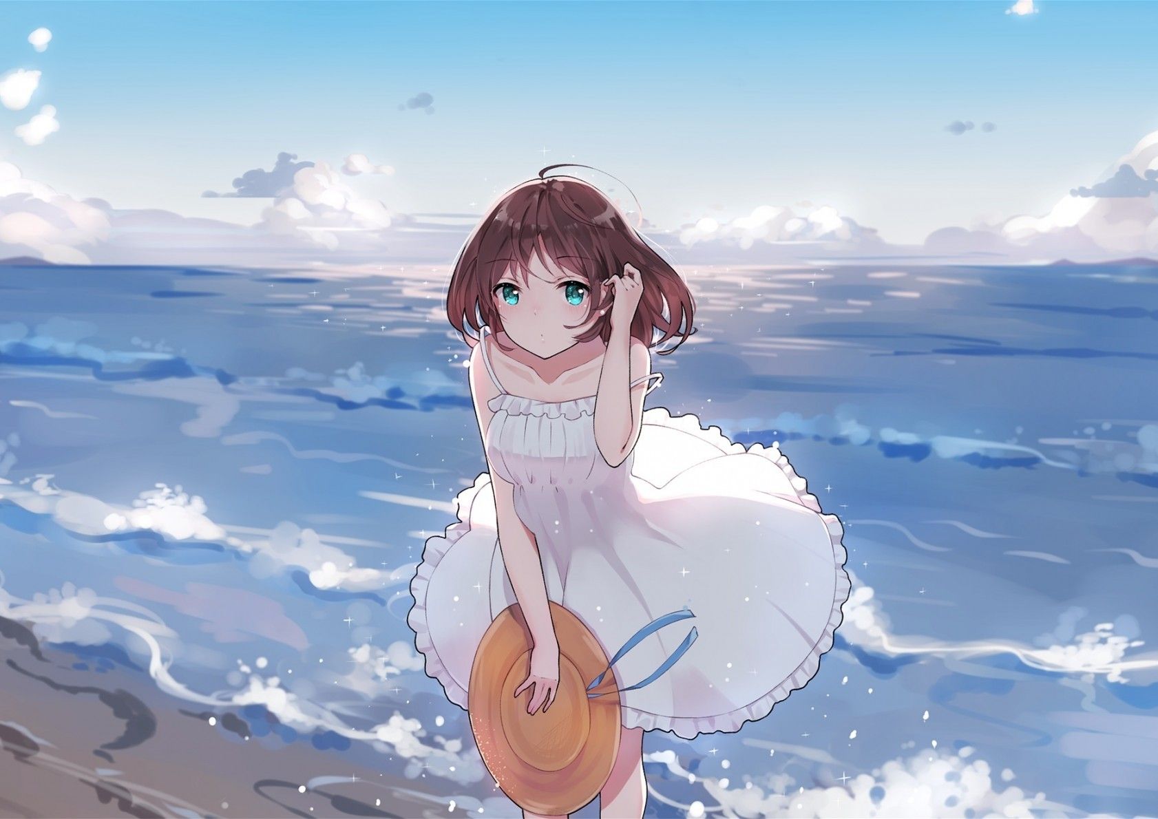 Download 1682x1190 Summer Dress, Anime Girl, Ocean, Waves, Beach
