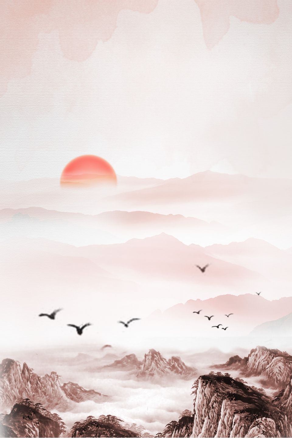 Atmospheric Retro Distant Mountain Sunrise Background, Atmosphere