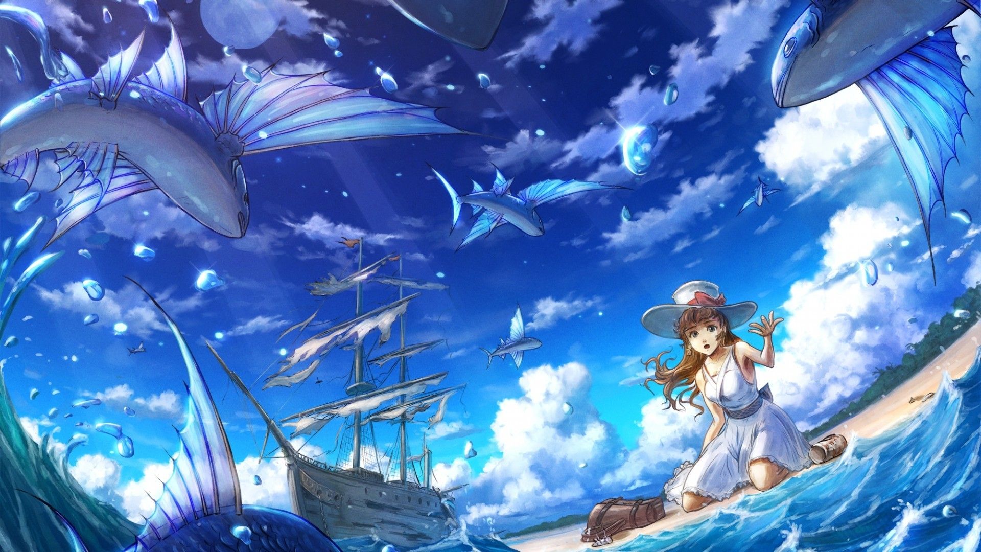 Download 1920x1080 Anime Girl, Ocean, Fish, Ship, Beach, Dress