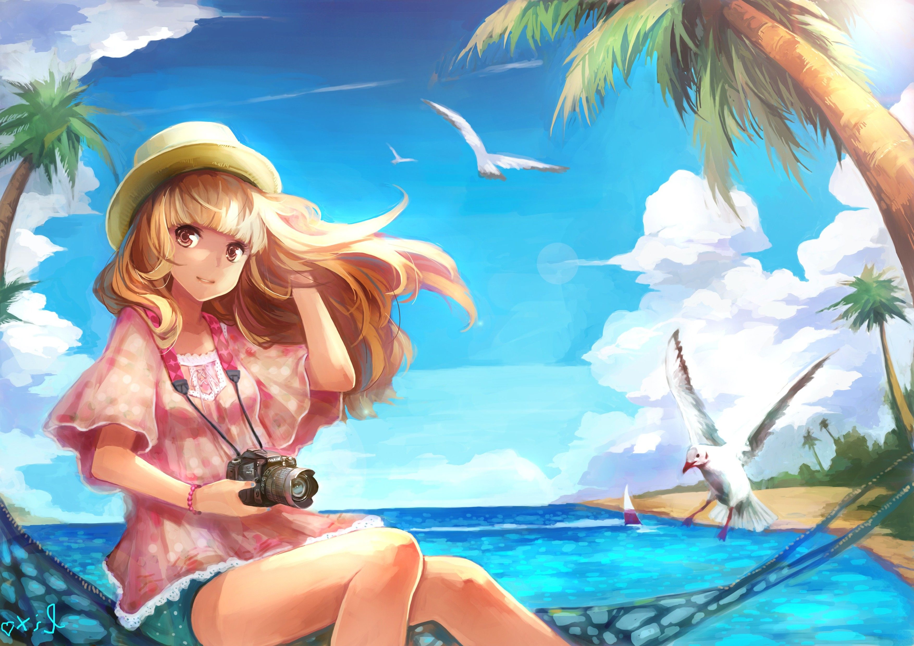 beach, Birds, Anime Girls Wallpaper HD / Desktop and Mobile Background