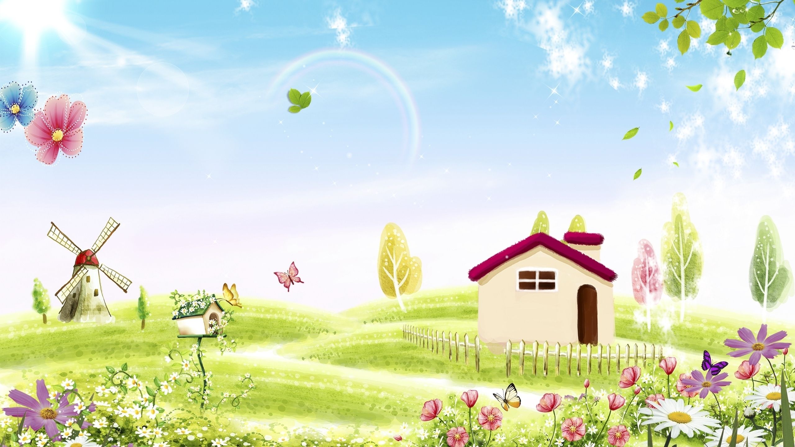 Amazing spring nature by the small house wallpaper Art