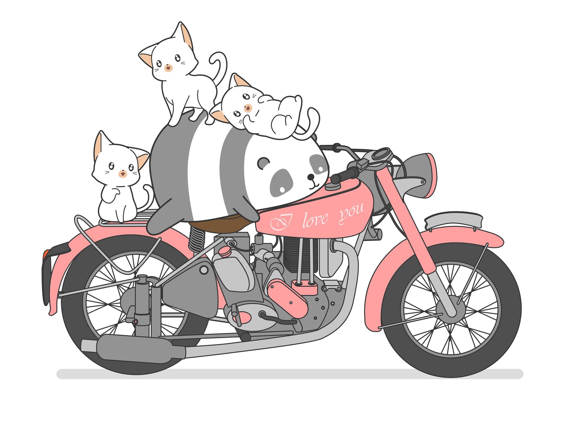 Kawaii panda and cats with motorcycle, Naris Artyuenyong