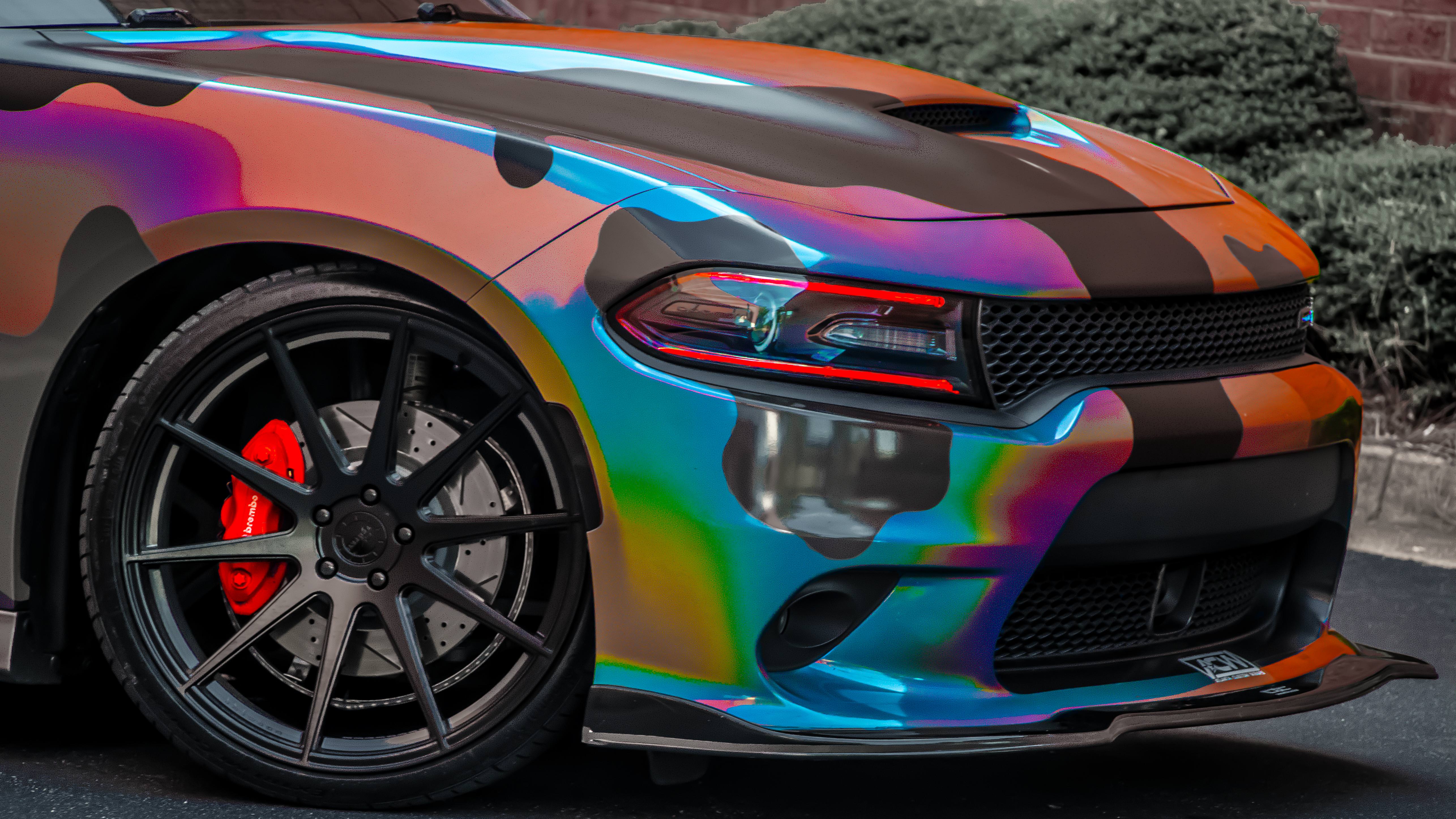 Holographic Camo Wrapped Dodge Charger Scatpack 4K wallpaper