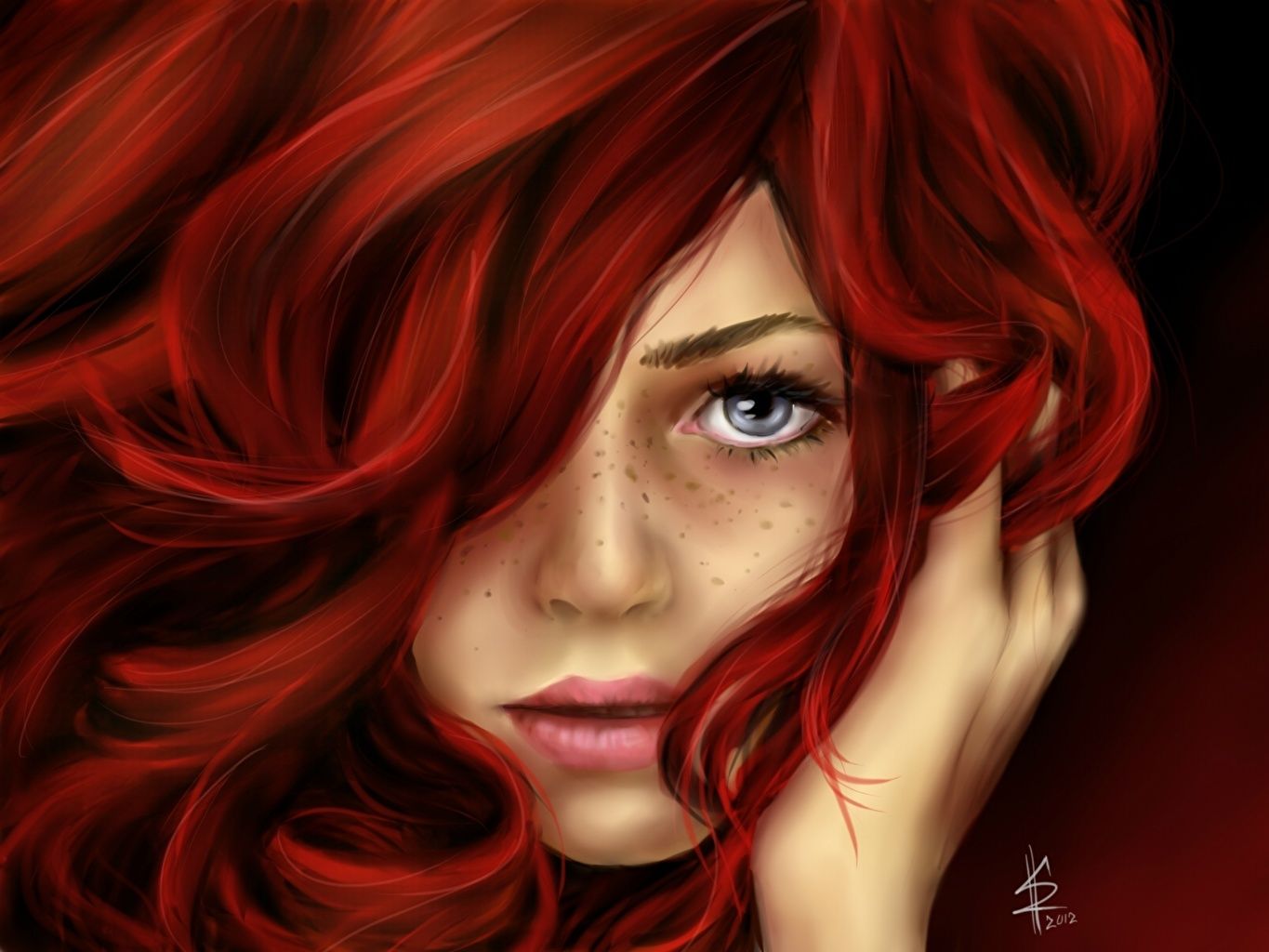 Desktop Wallpaper Redhead girl Face Hair Girls Staring Painting Art