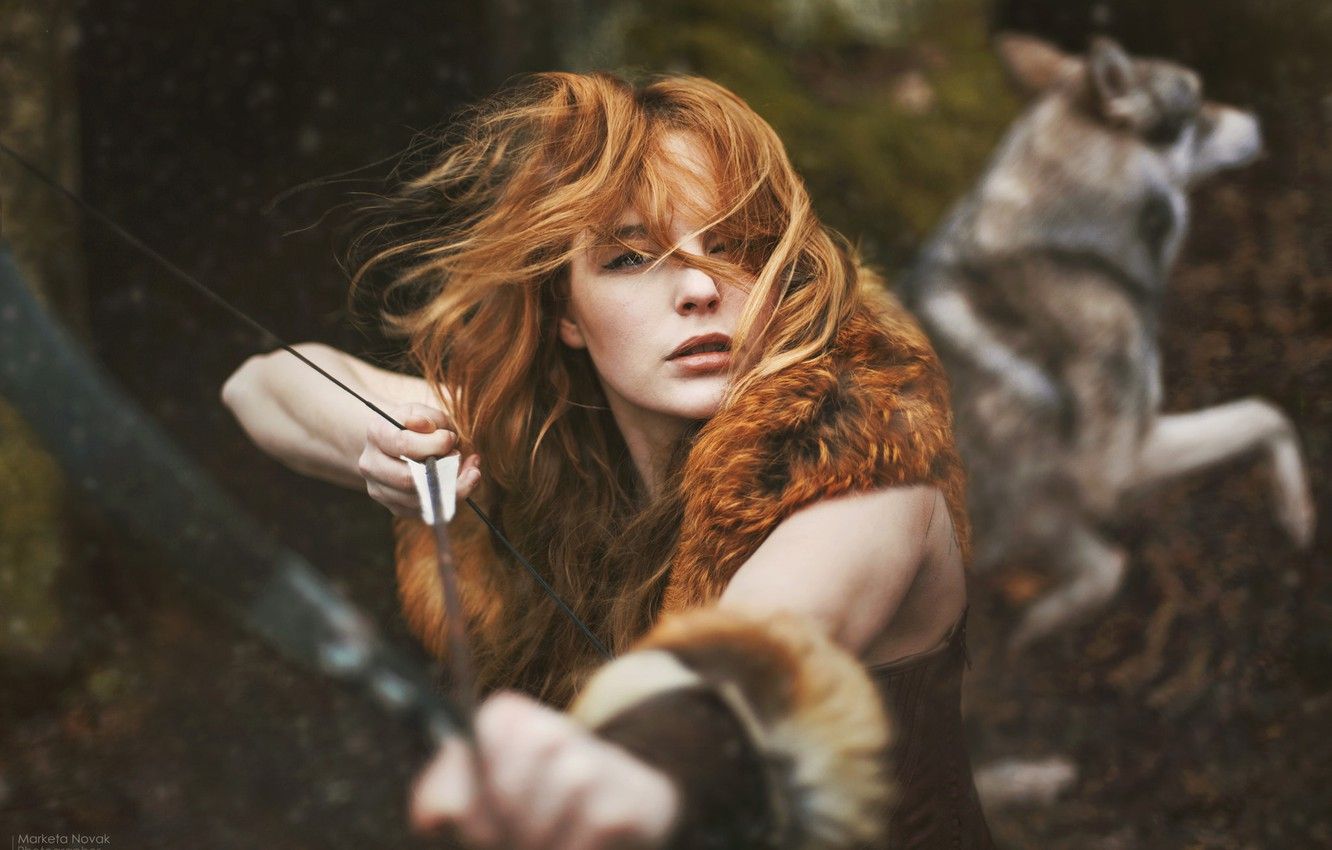 Wallpaper forest, wolf, redhead girl image for desktop, section