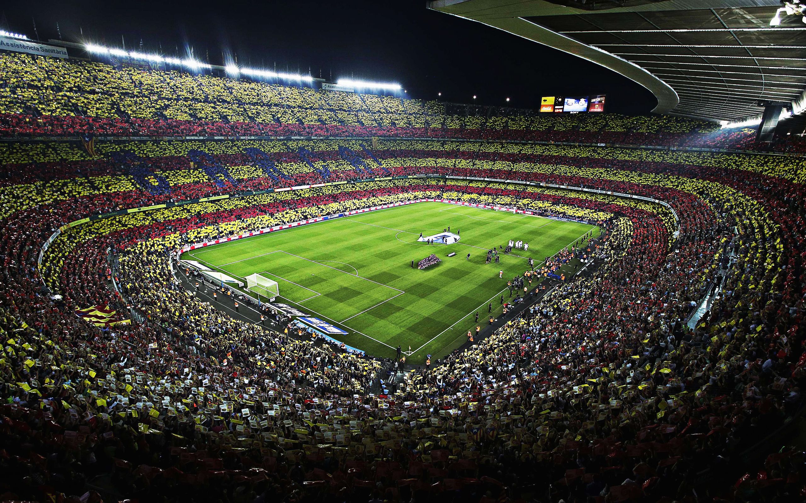 Download wallpaper Camp Nou, Barcelona, Catalonia, football stadium, creative flag of Catalonia, FC Barcelona Stadium, La Liga, Spain, FC Barcelona for desktop with resolution 2560x1600. High Quality HD picture wallpaper