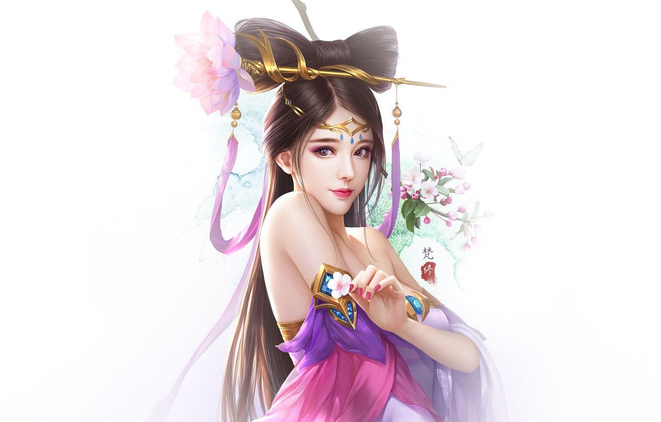 Wallpaper Girl, White, Style, Asian, Girl, Costume, Background