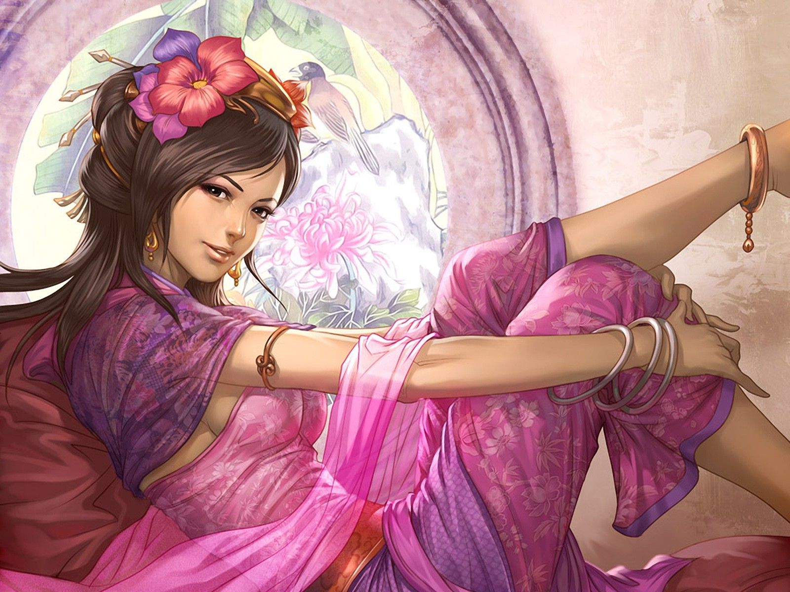 artwork, Women, Flowers, Sideboob, Purple, Brunette, Brown Eyes