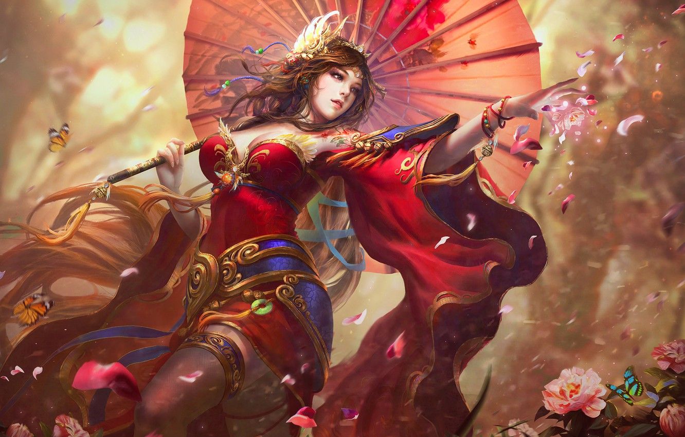 Wallpaper Girl, Costume, China, Asia, Umbrella, Art, Beauty